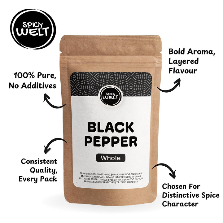 Spicy Welt Schwarzer Pfeffer Ganz (500g) – Pfefferkörner | Ungemahlener Schwarzer Pfeffer | für Pfef
