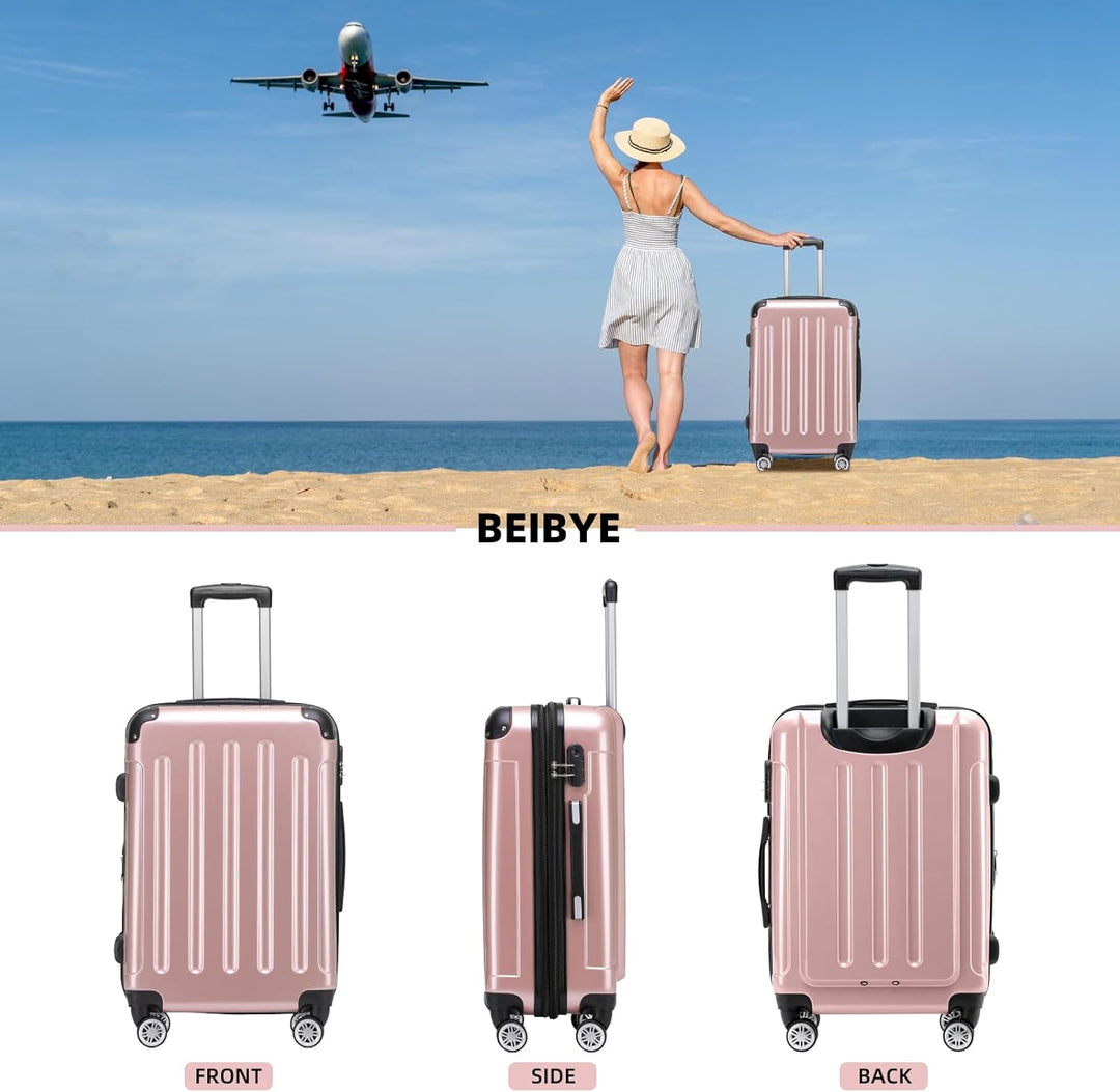 BEIBYE Hartschalen Koffer Trolley Rollkoffer Reisekoffer 4 Zwillingsrollen Polycabonat (Rosa Gold, K