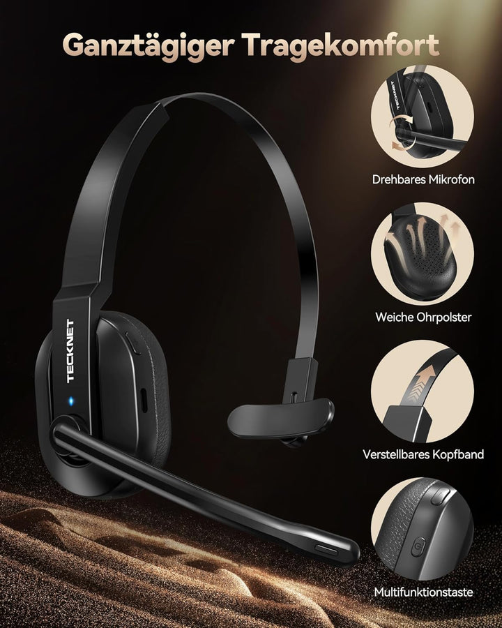 TECKNET V5.2 Bluetooth Headset mit Mikrofon, Wireless Headset mit Ladestation, MIC ENC Noise Cancell