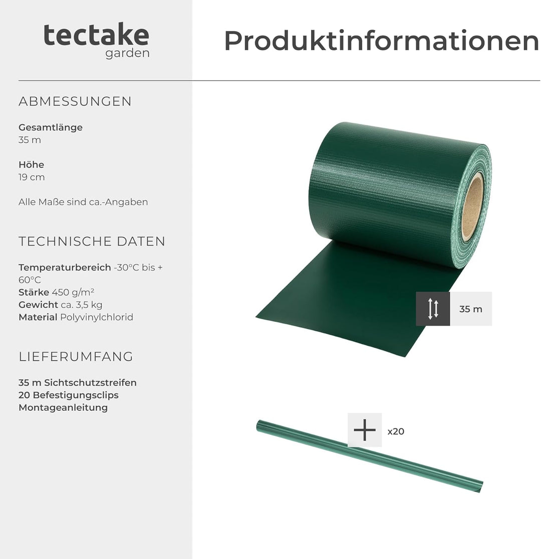 TecTake PVC Sichtschutzfolie Sichtschutzstreifen inkl. Befestigungsclips 450g/m² - Diverse Modelle -