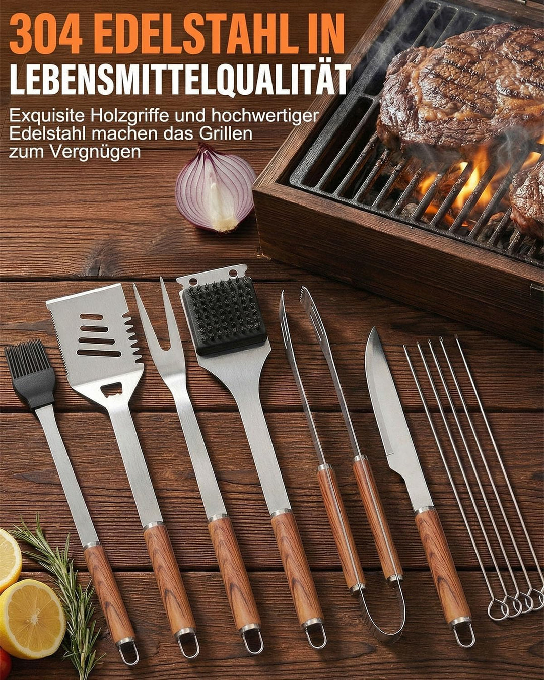 Grillbesteck Set, 11-teilig Edelstahl Grillzubehör mit Aufbewahrungskoffer, Hochwertiger BBQ Grillut