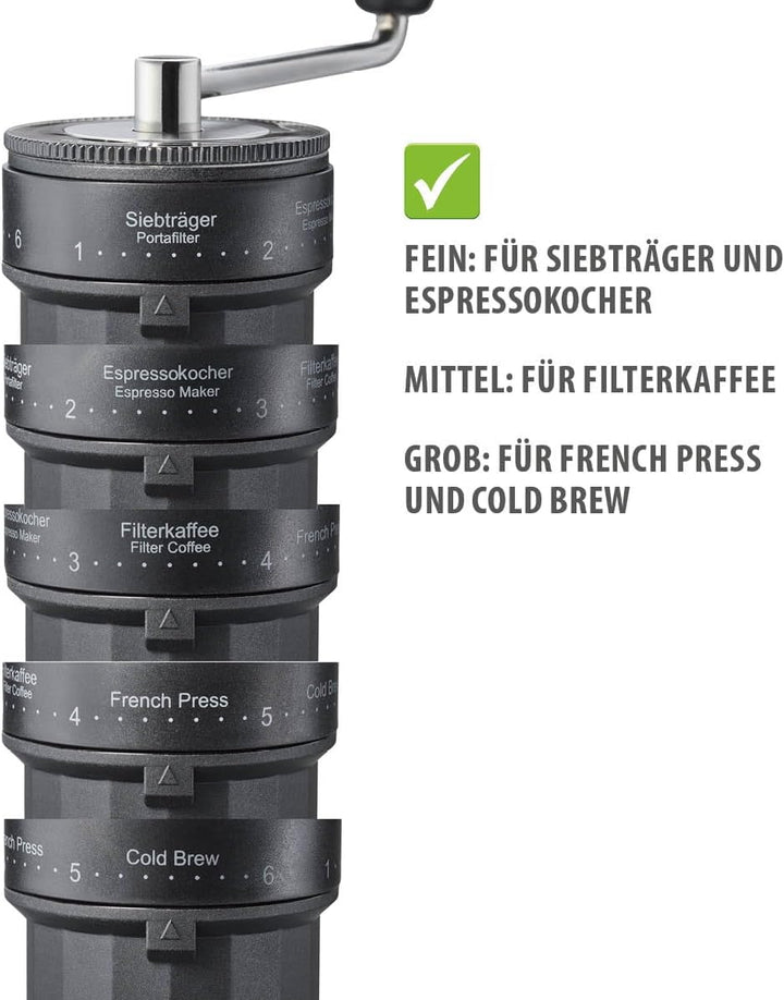 GEFU Kaffeemühle LOCO | Manuelle Kaffeemühle mit Keramikmahlwerk | 5 Mahlstufen für Espresso, Filter