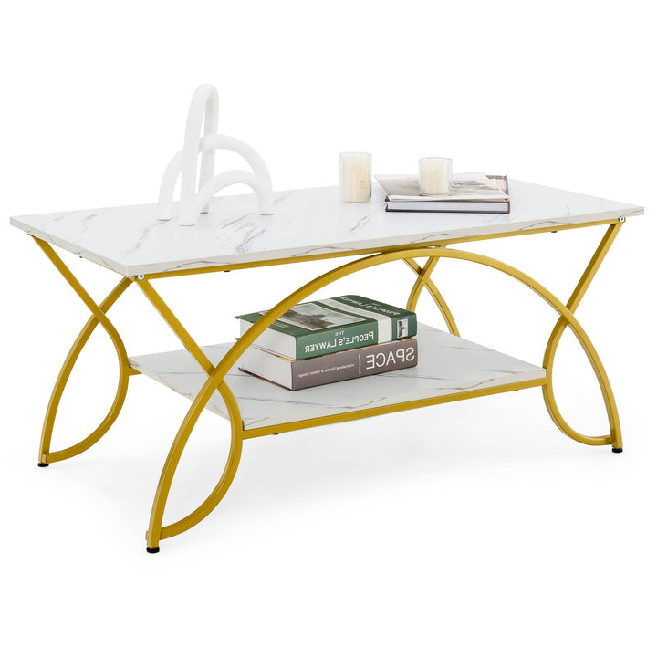 COSTWAY Couchtisch Marmor Optik, Kaffeetisch mit Ablage und Metallgestell, Wohnzimmertisch, Beistell