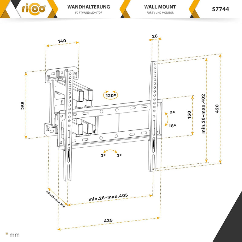 RICOO TV Wandhalterung Fernseher Schwenkbar Neigbar für 32-55 Zoll, Universal TV Halterung S7744, Fe