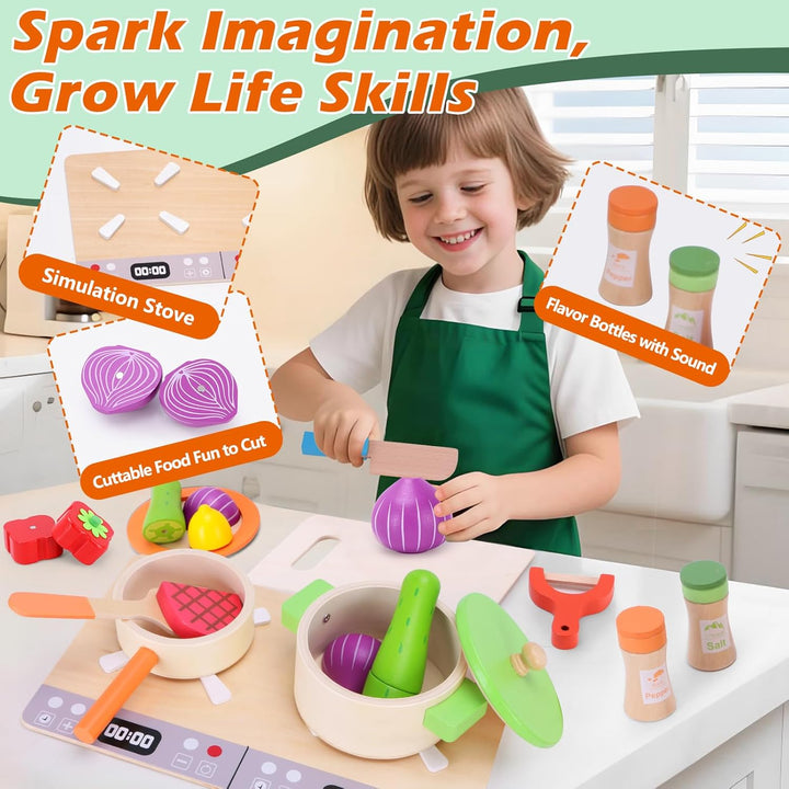Kinderküche Zubehör Holz, Spielküche Zubehör, Holzspielzeug Inklusive Topfset Küchenspielzeug und Ob