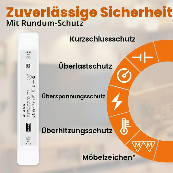 illuburg LED Trafo 24V 120W Flackerfrei für LED Strip Lampe LED Netzteil Treiber Transformator Drive