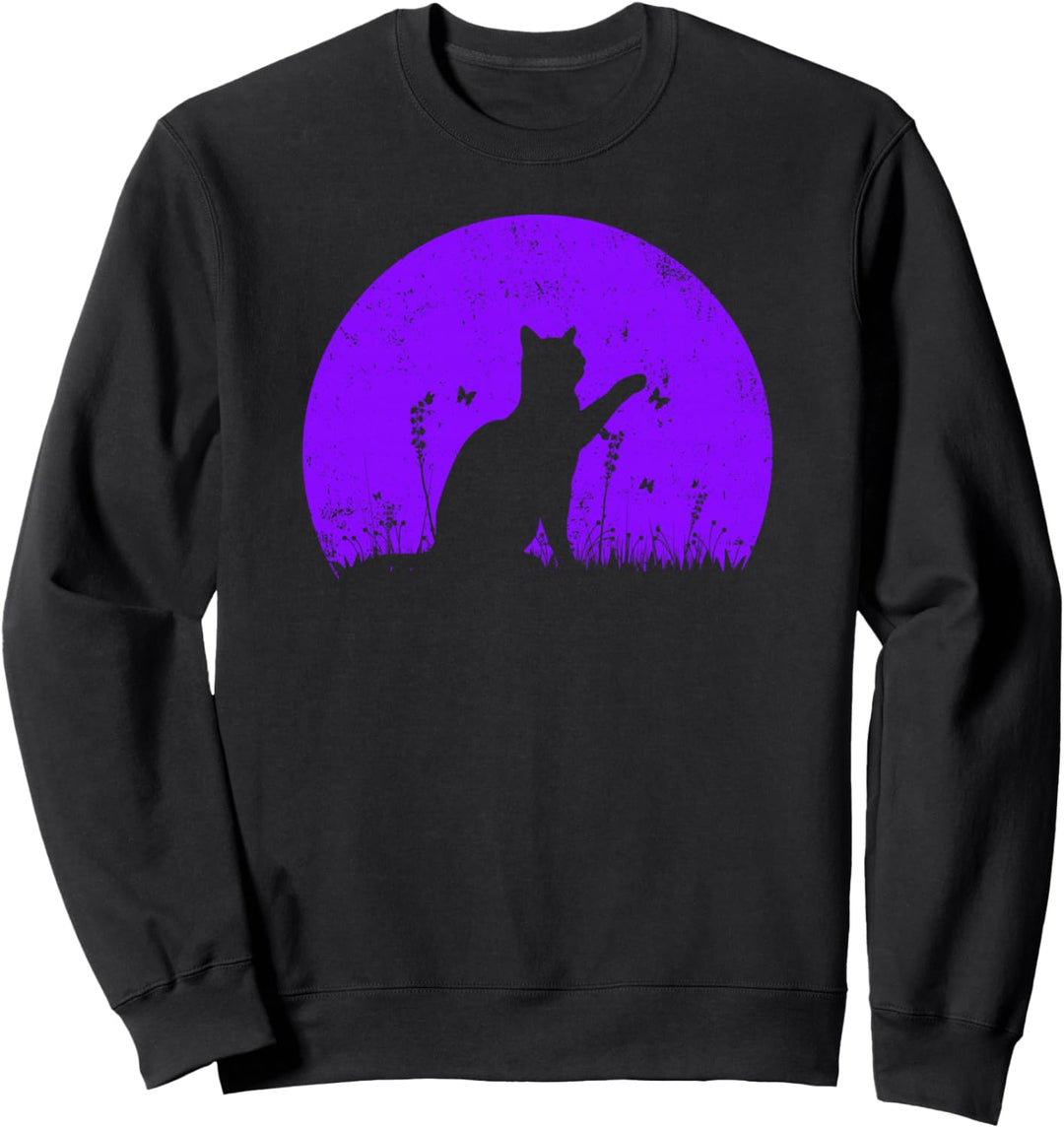 Katze mit Schmetterling, lila Sonnenuntergang Sweatshirt