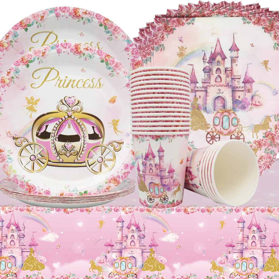 Doyomtoy Prinzessin Partygeschirr,Rosa Schloss Party Geschirr Set Prinzessin Schloss Cartoon-Geschir