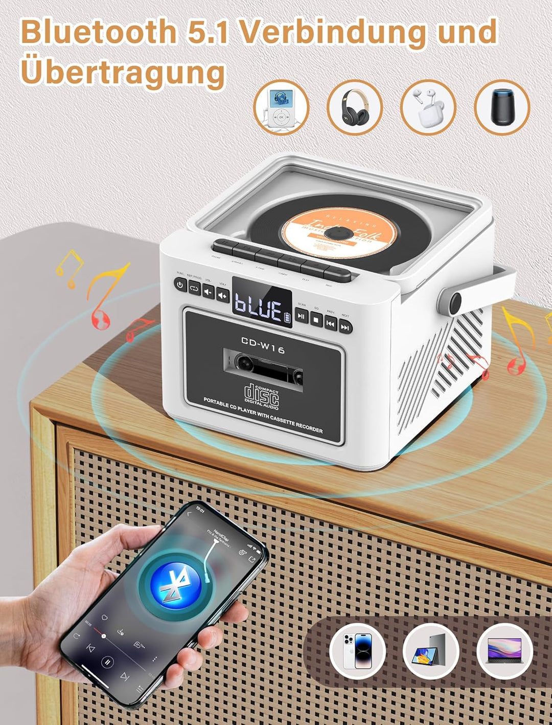 Boombox CD Player tragbar, CD-Player mit Kassettenspieler,UKW-Radio mit cd Player, 5000mAh wiederauf