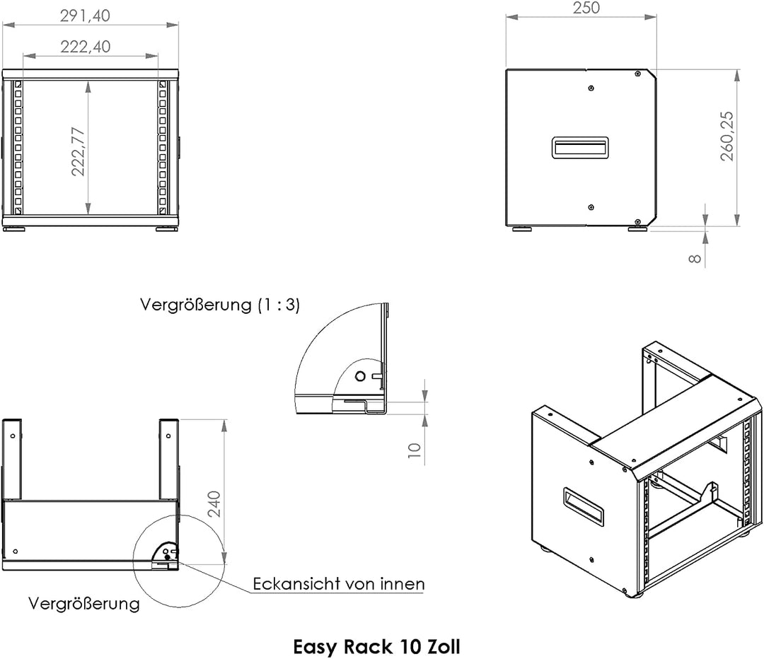 Easy Rack - 10" Universelles Rackschrank für Wandmontage oder Desktop - 5HE - 250mm Tiefe - Schwarz