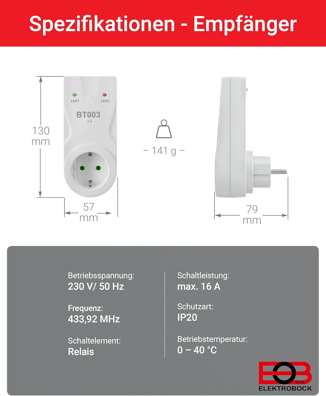 ELEKTROBOCK BT733 Funk-Raumthermostat mit Zwischensteckdose - 35 m Reichweite - Für elektrische Heiz
