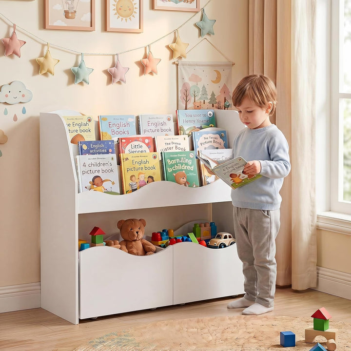 COSTWAY Kinderregal mit 2 Boxen auf Rollen (Weiss) | Bücherregal Kinder mit 3 wellenförmigen Ebenen,