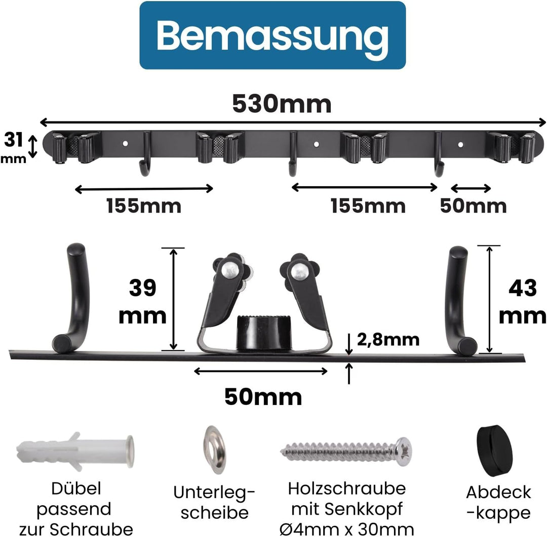 Stahlia Besenhalterung Wand Edelstahl Gerätehalter 3 Haken + 4 Halter Schwarz-matt schraubbar & selb