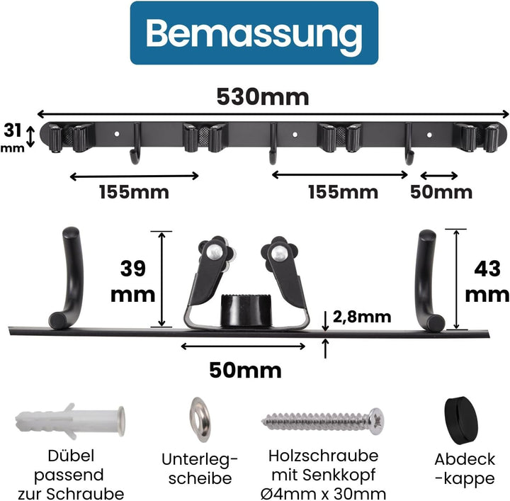 Stahlia Besenhalterung Wand Edelstahl Gerätehalter 3 Haken + 4 Halter Schwarz-matt schraubbar & selb