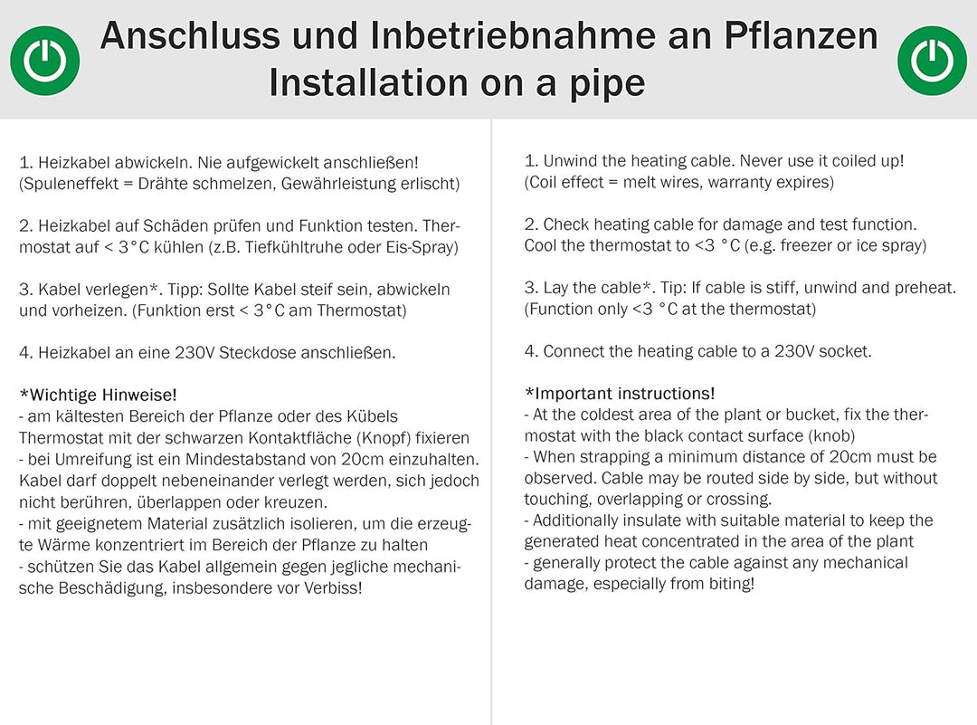 Cerres Frostschutz Heizkabel Mit Knopf-Thermostat, Pflanzen-Heizung, 1m 2m 4m 8m 12m 14m 24m 36m 48m