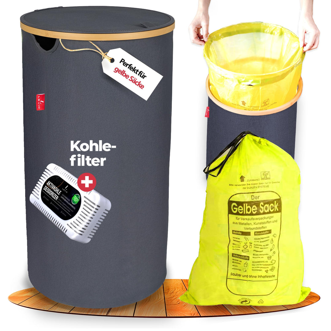 Levio® Gelber Sack Ständer mit Deckel – Müllsackhalter [80L mit Geruchsfilter] – Mülltonne Gelber Sa