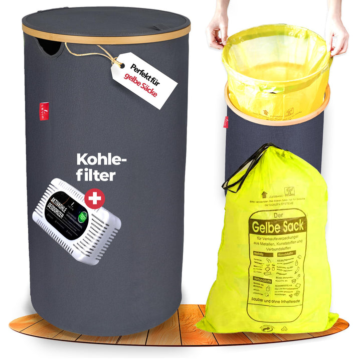 Levio® Gelber Sack Ständer mit Deckel – Müllsackhalter [80L mit Geruchsfilter] – Mülltonne Gelber Sa