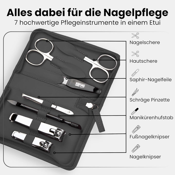 Maniküre Set 7-teilig – Reissverschluss-Etui mit Instrumenten aus Edelstahl & Karbonstahl – Maniküre