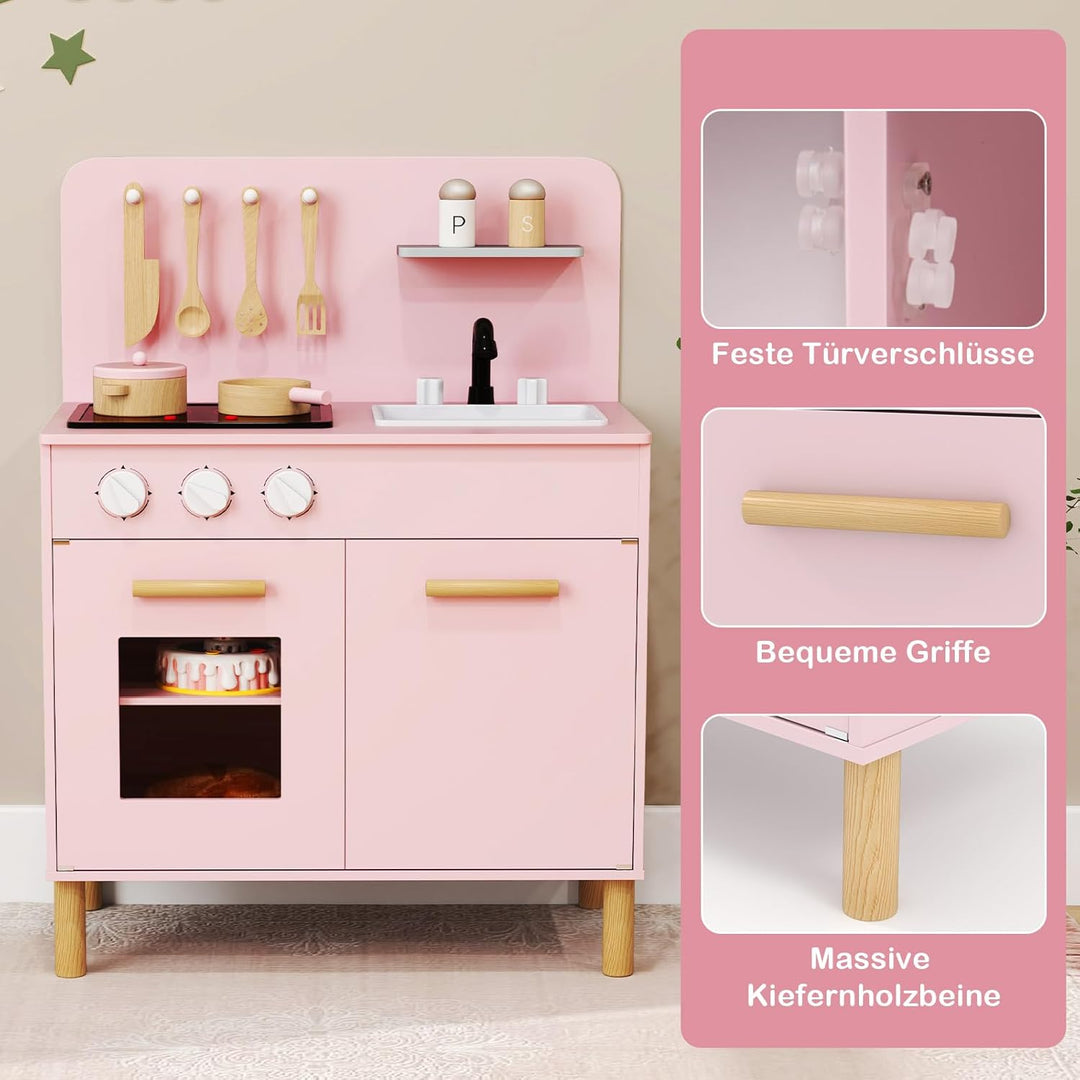 COSTWAY Kinderküche mit 10 Zubehör, Spielküche Holz mit Licht und Sound, Spielzeugküche mit Herd & S