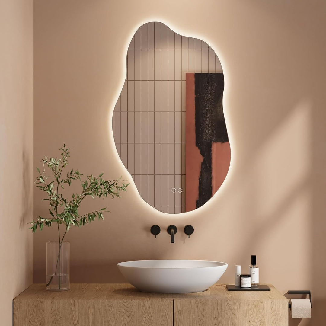 Dripex Badezimmerspiegel Led Badspiegel, Asymmetrisch, Touch-Schalter, Dimmbar, 3 Lichtfarbe Einstel