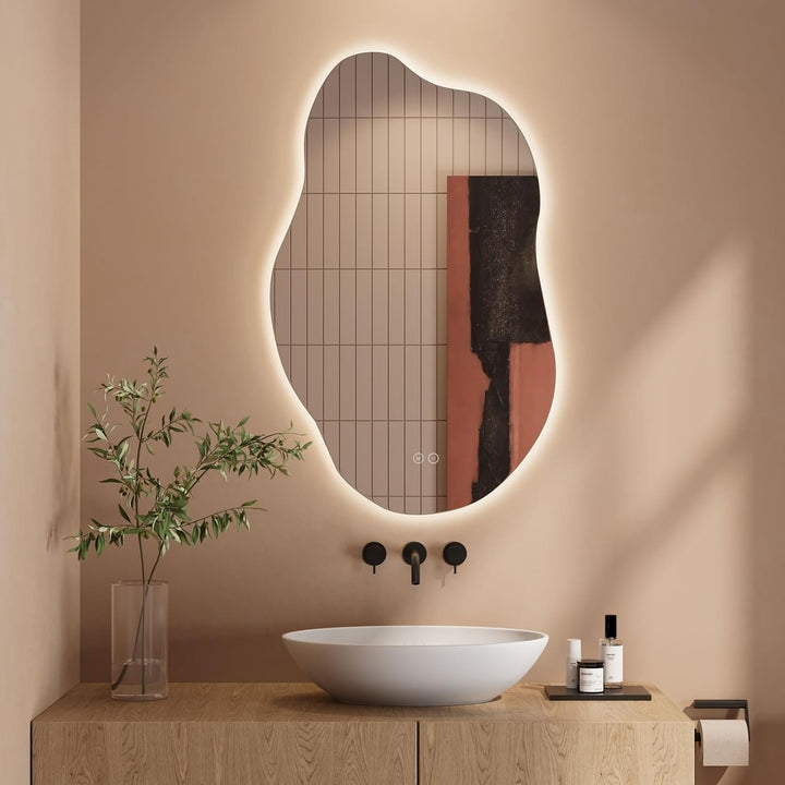 Dripex Badezimmerspiegel Led Badspiegel, Asymmetrisch, Touch-Schalter, Dimmbar, 3 Lichtfarbe Einstel