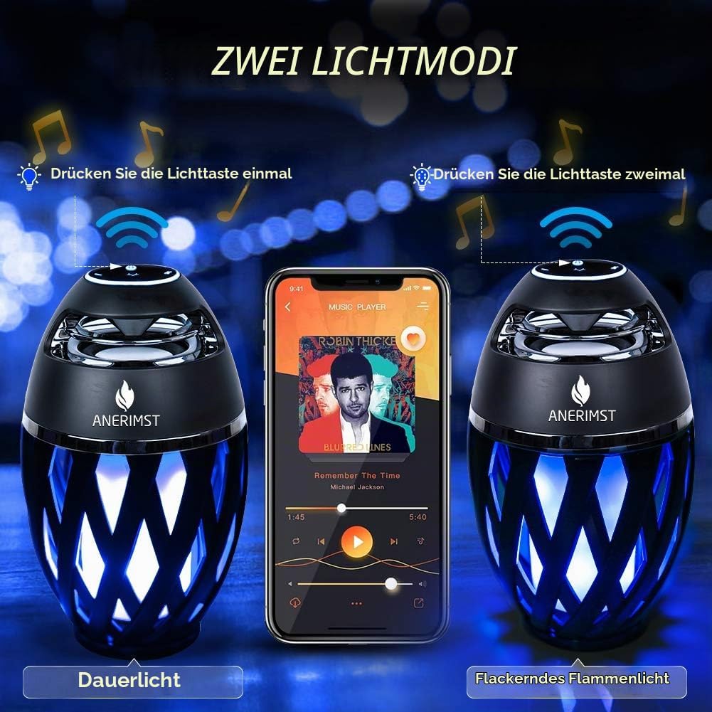 ANERIMST LED-Bluetooth-Lautsprecher, Blue Flame Ambience Lantern-Aussenlautsprecher mit Stereoklang,