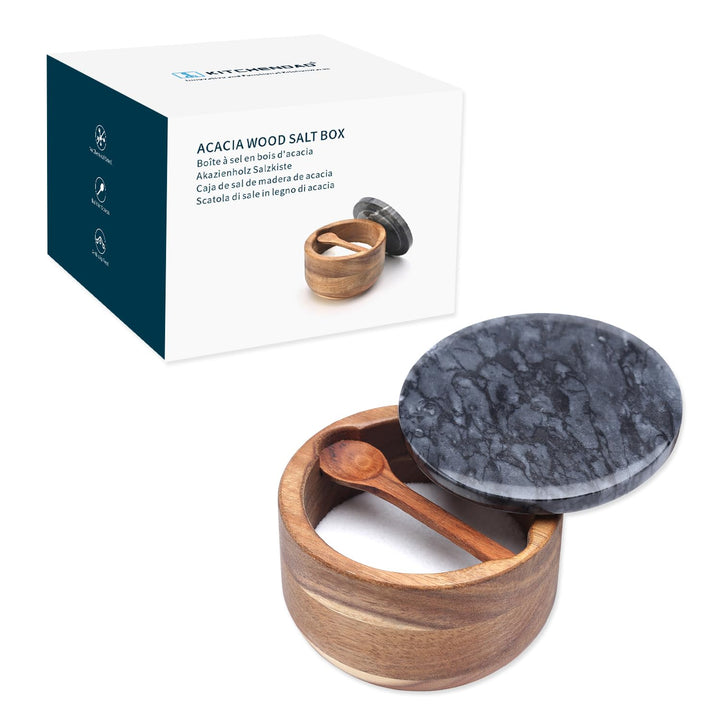 KITCHENDAO Grosse Holz-Salzbox mit integriertem Servierlöffel, Salzkeller, Gewürzbehälter, schwarzer