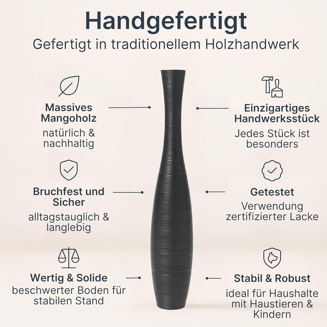 Leewadee Grosse Bodenvase für Dekozweige hohe Standvase Design Holzvase, Holz, 90 cm, Schwarz 90 cm
