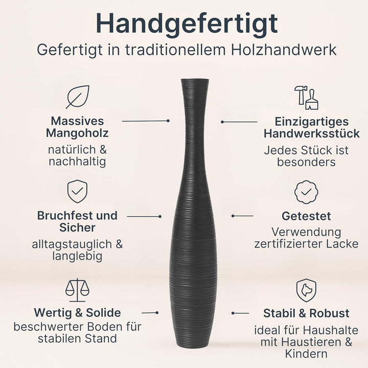 Leewadee Grosse Bodenvase für Dekozweige hohe Standvase Design Holzvase, Holz, 90 cm, Schwarz 90 cm