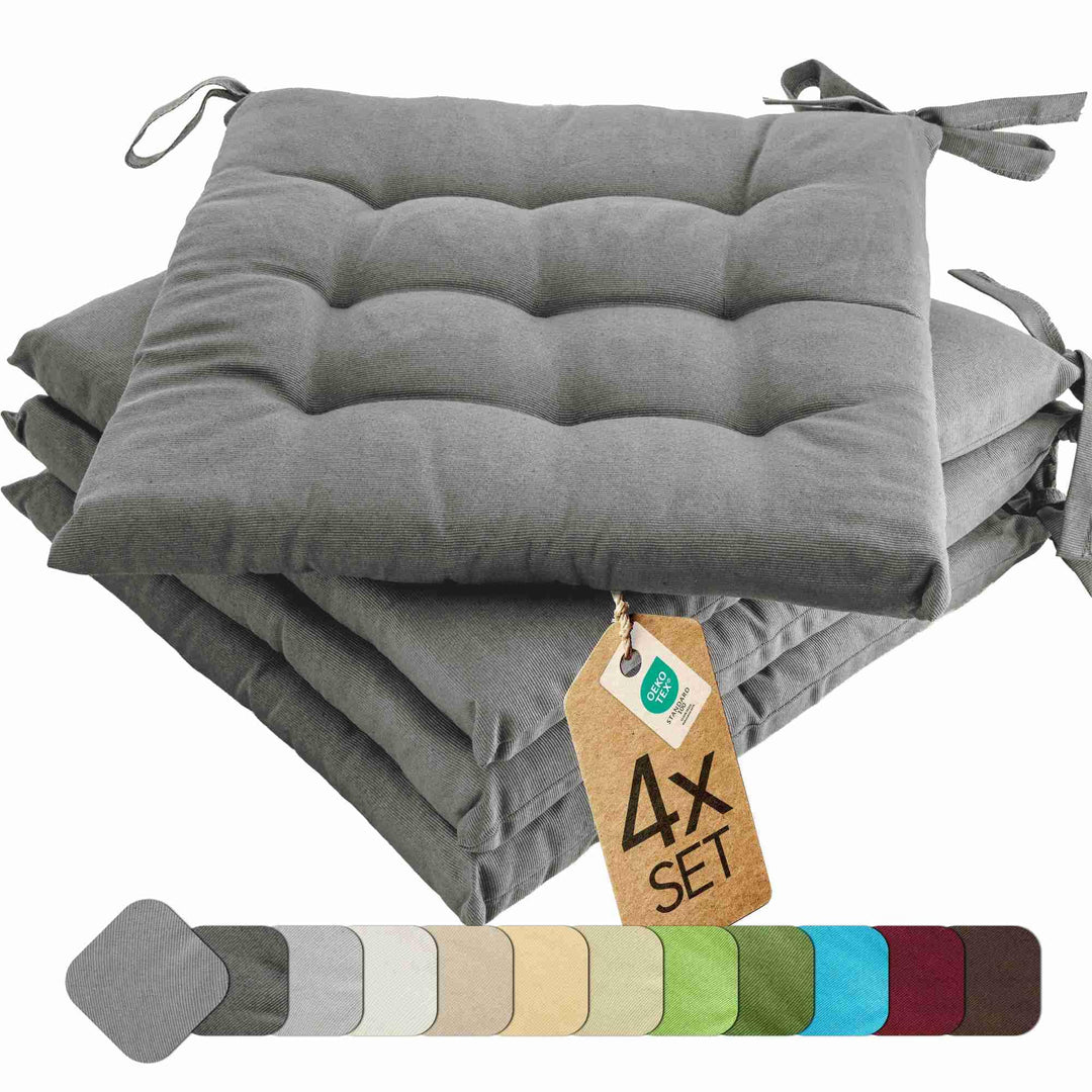 etérea 4er Set Sitzkissen Outdoor 40x40 mit Bändern - Stuhlkissen Grau für Gartenstuhl &amp; Innenbereic