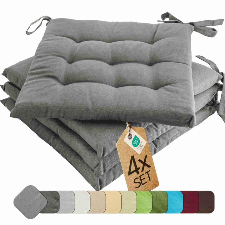 etérea 4er Set Sitzkissen Outdoor 40x40 mit Bändern - Stuhlkissen Grau für Gartenstuhl &amp; Innenbereic