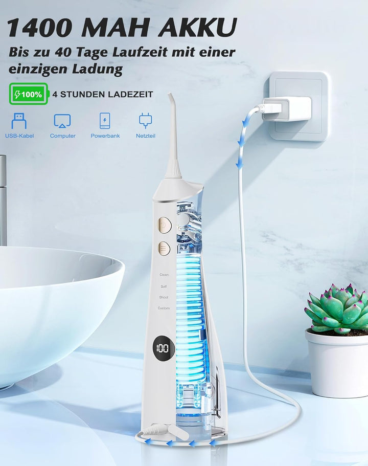 Munddusche Kabellos Elektrischer, 2025 Testsieger, 5 Jet-Tipps und 4 Modi, Smart-Display, Zahnpflege
