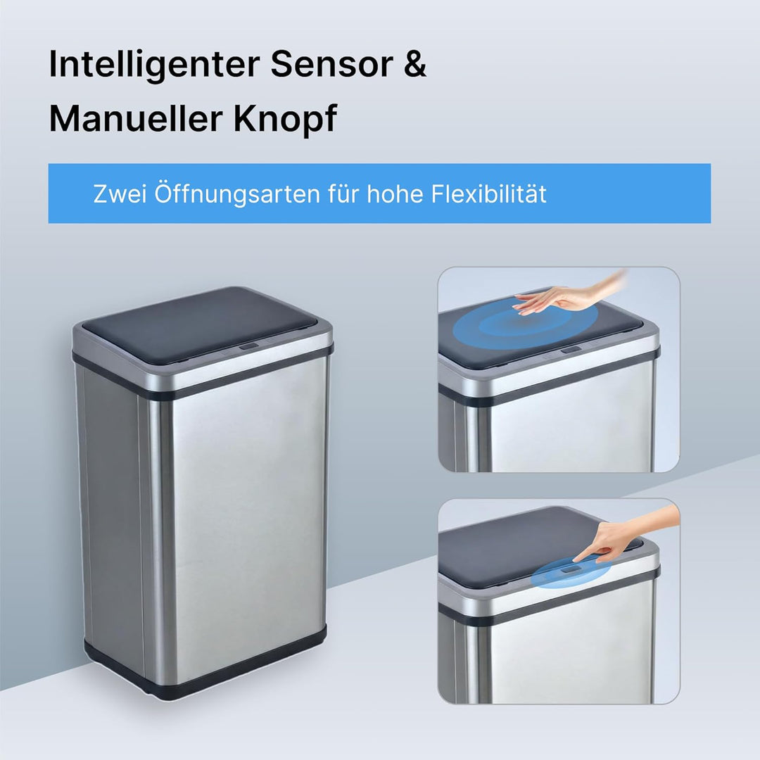 Sensor Mülleimer 2er Set (2x50L) – Automatische Abfalleimer Küche mit Deckel, Edelstahl, geruchsmini