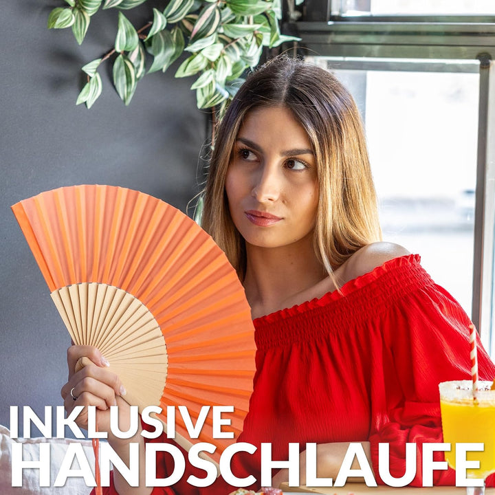 FISURA – Pfirsich-oranger Handfächer Moderner und lustiger Holzfächer. Origineller Fächer für den So