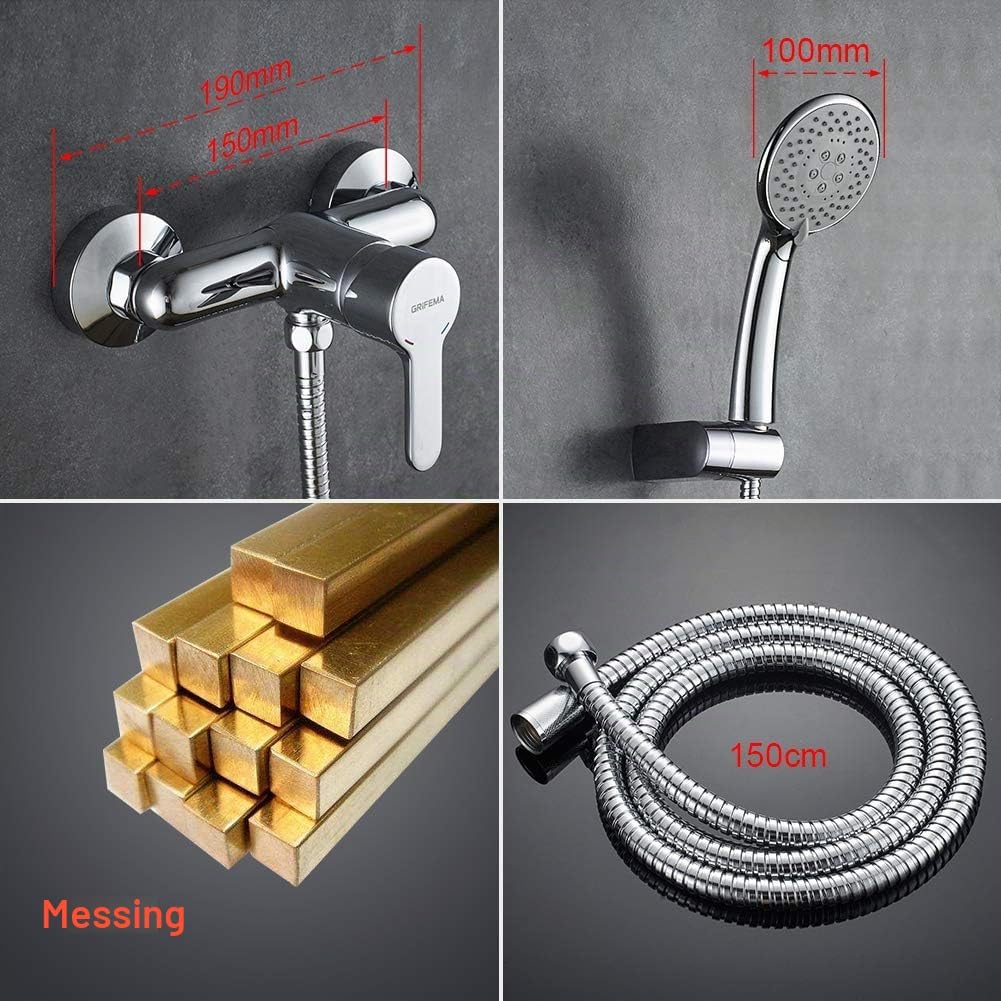 GRIFEMA PORTO-G12003 | Duscharmatur - Brausebatterie mit Brauseschlauch, Handbrause mit 5 Funktionen