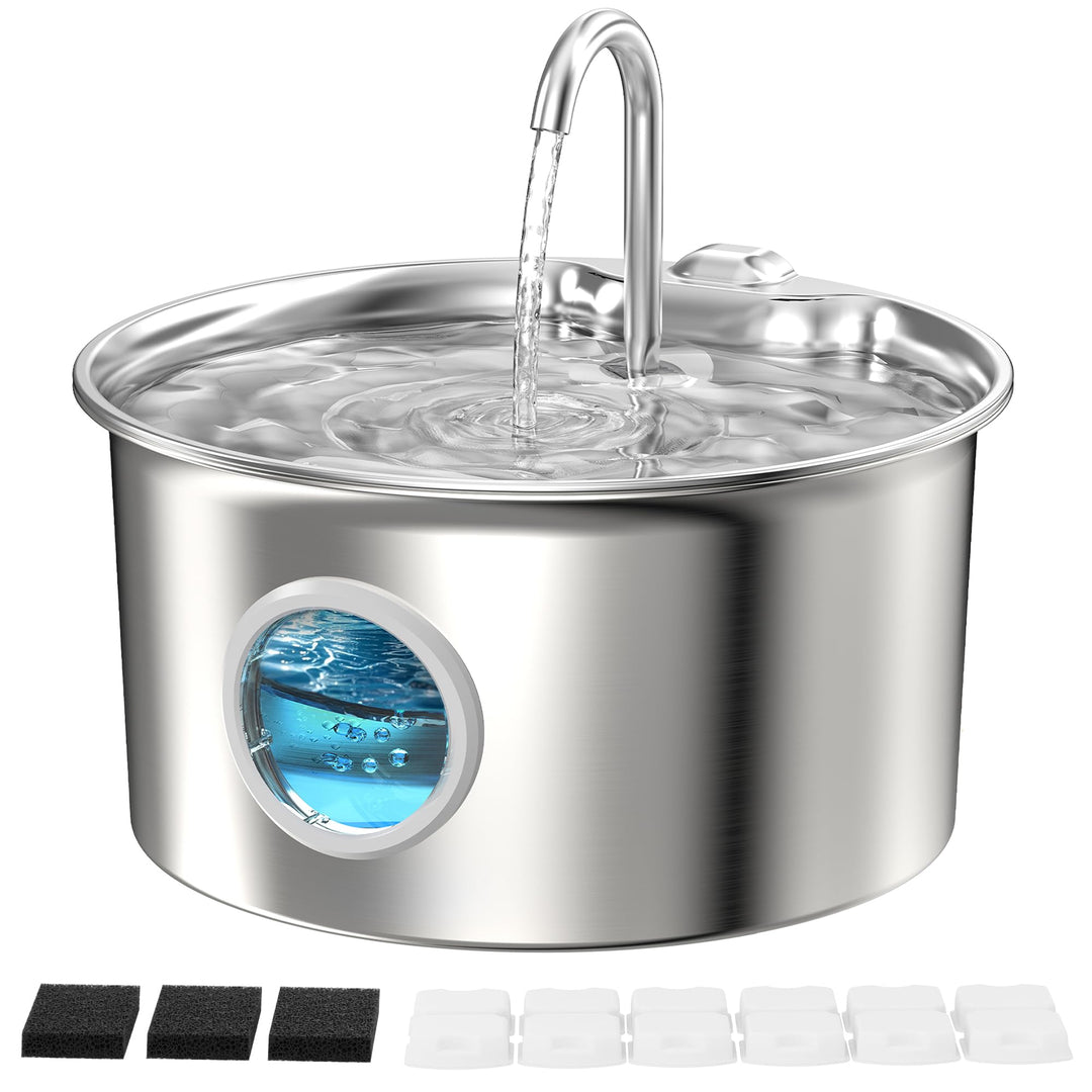 Katzenbrunnen Edelstahl Trinkbrunnen Katze: 2.6L Katzen Wasserbrunnen Leise mit Wasserstandsfenster