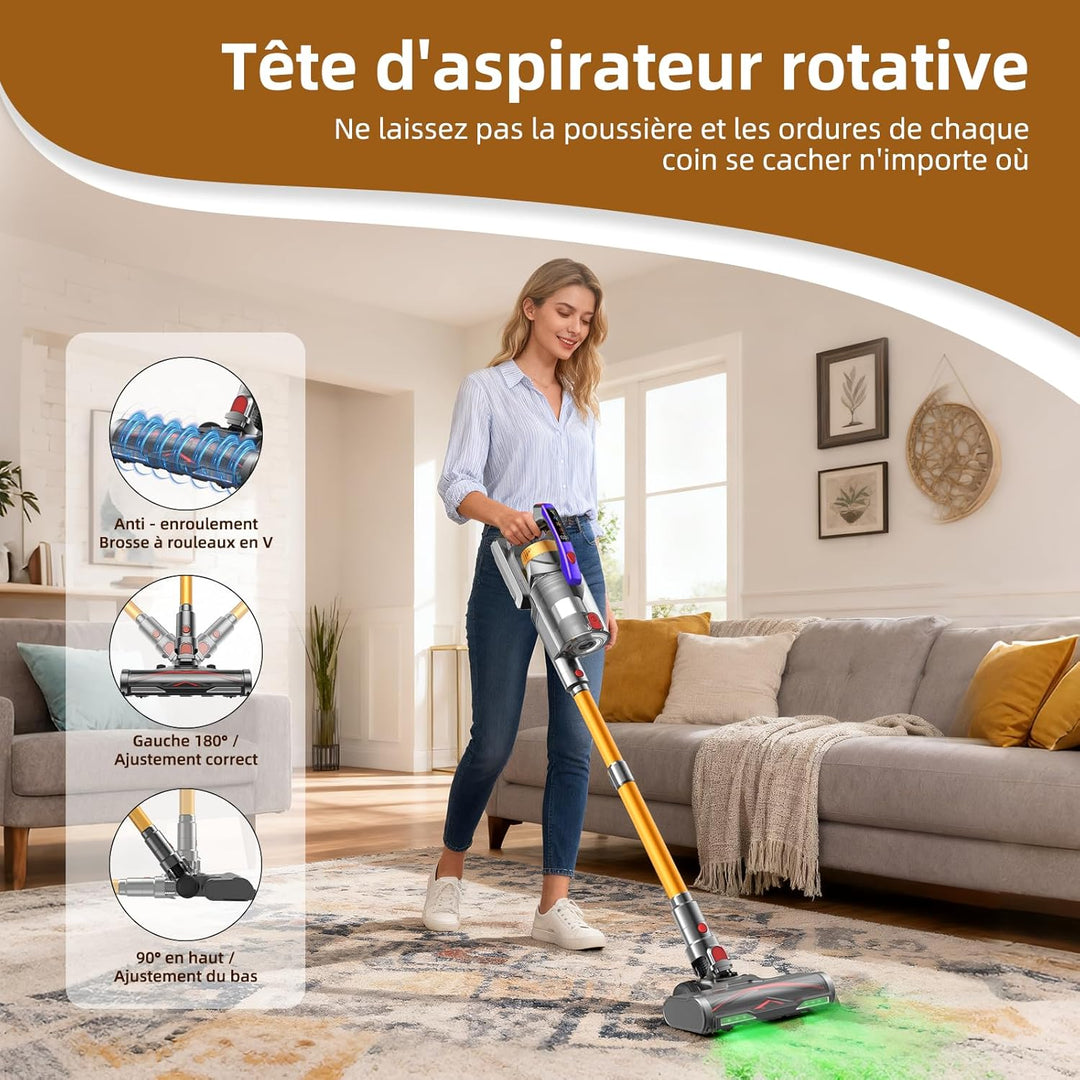 Akku Staubsauger, 58000Pa/550W/65Mins Staubsauger Kabellos mit LED Display und Anti Tangle Bürste, 1