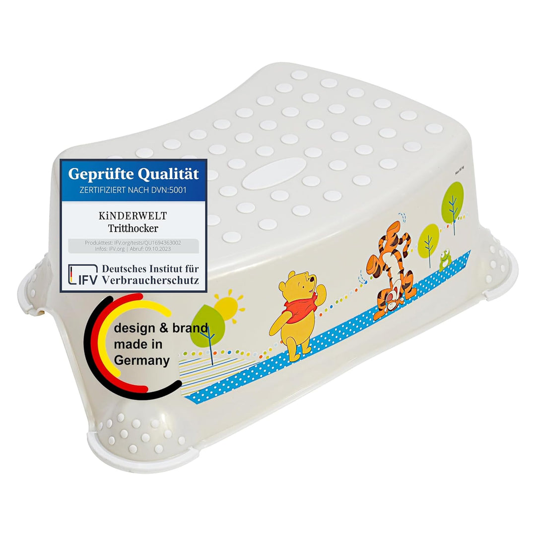 KiNDERWELT Premium Tritthocker für Kinder und Babys, Winnie Puuh Design in Perlweiss, Tritthocker St
