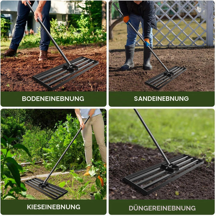 Garten Rasen-Nivellierungsrechen Edelstahl 75x25 cm mit Stiel – Robuster Nivellierrechen für Rasen,