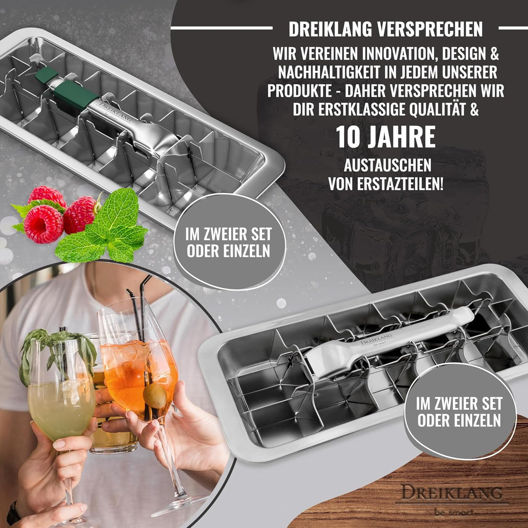 18/8 Edelstahl XXL Eiswürfelform Gross mit Hebeleinsatz für müheloses Entnehmen I Poliert I Lebensmi