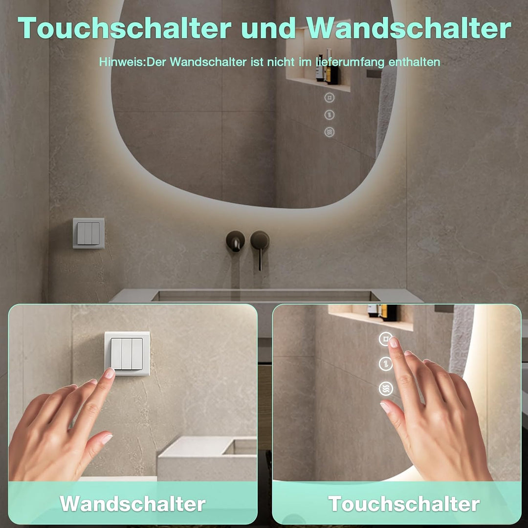 Asymmetrischer Badspiegel mit Beleuchtung 65×50 cm, Antibeschlag, 3 Lichtfarben, Dimmbar, IP44 Wasse