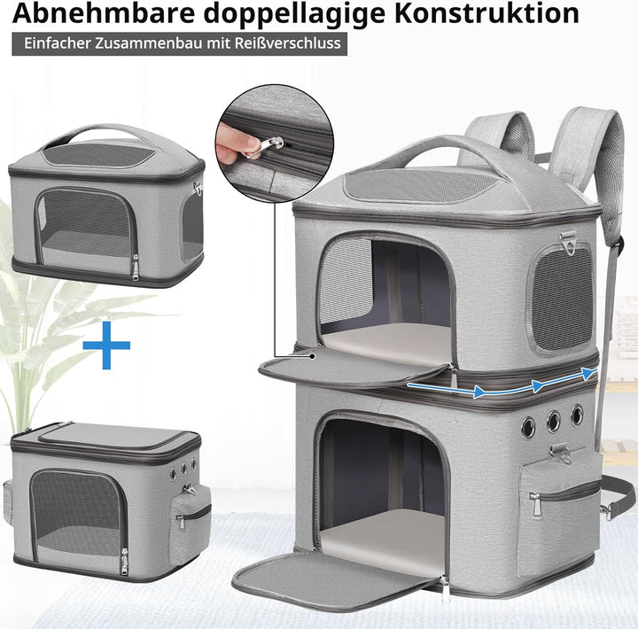 Abnehmbarer Katzenrucksack für 2 Katzen bis 12kg, Grau