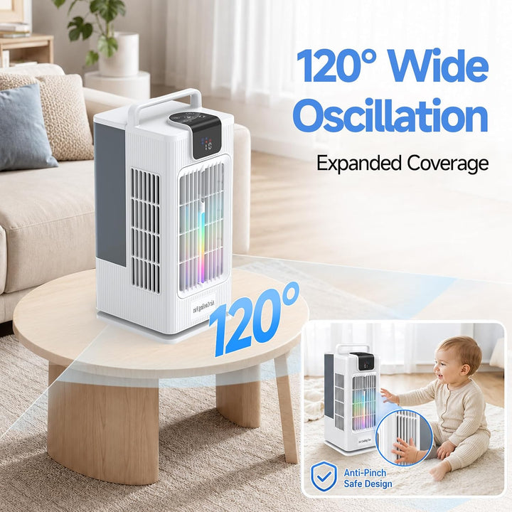 4-in-1 Verdunstungskühler Kühlventilator,Tragbarer Luftkühler mit Fernbedienung,120° Oszillation,4 S