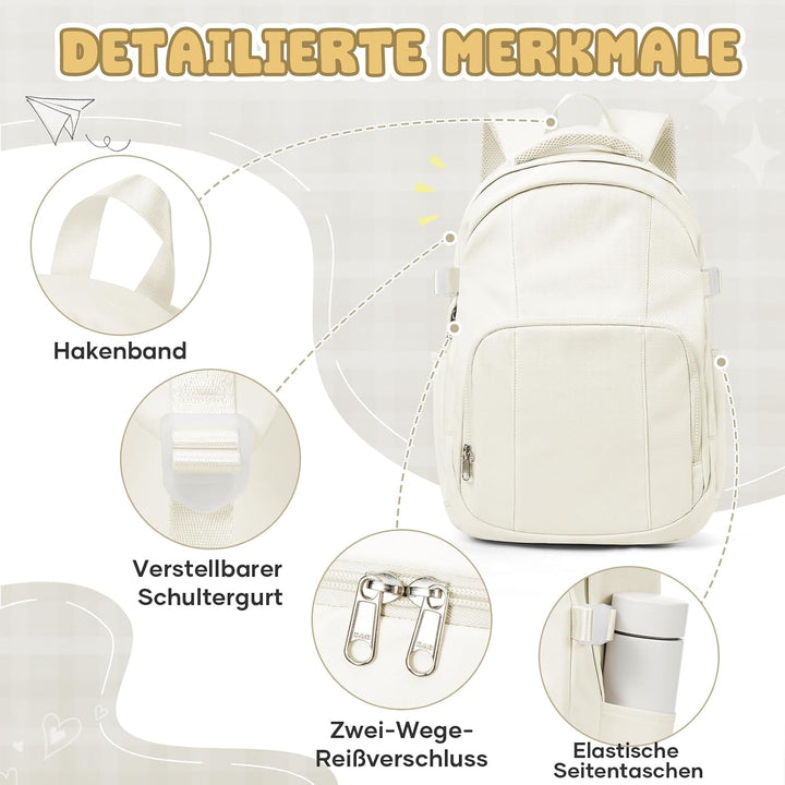Leichter Schulrucksack Beige Teenager Mädchen Jungen Schultasche, Wasserdicht Rucksack Laptop Damen