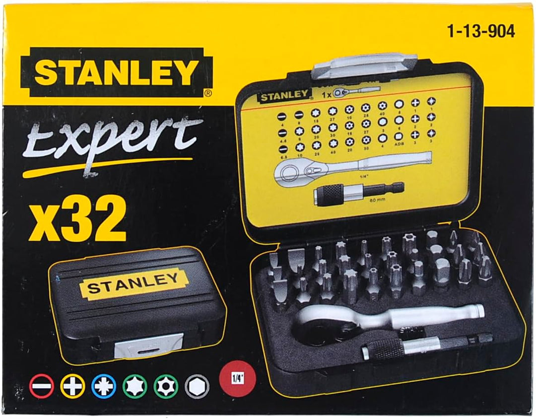 Stanley 1-13-904 Bit-Satz mit Mini-Umschaltknarre (1/4 Zoll, 32-teilig, inkl. magnetischem Bithalter