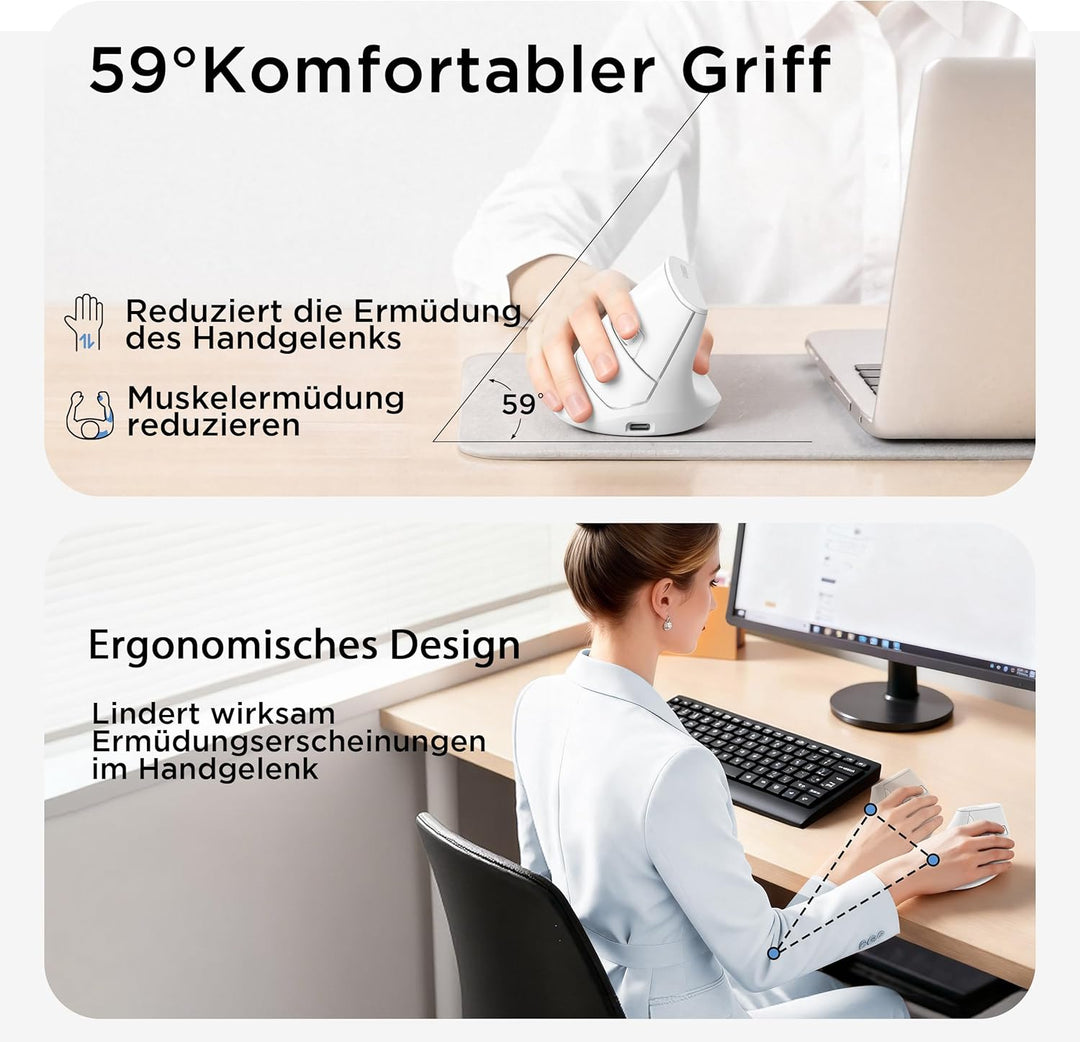 Uineer Vertikale Maus kabellos, 2,4G ergonomische Maus mit Akkuanzeige, 4 Stufen DPI, computermaus f