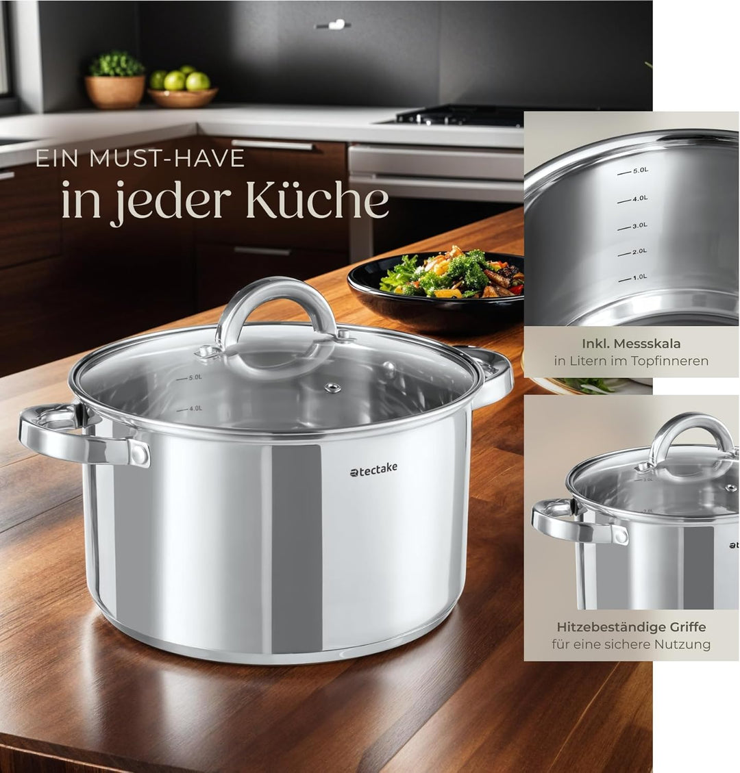 tectake® 15-tlg. Topfset, Edelstahl Kochgeschirr, Bratpfanne und Töpfe Set mit Deckel, Kochtopf Set