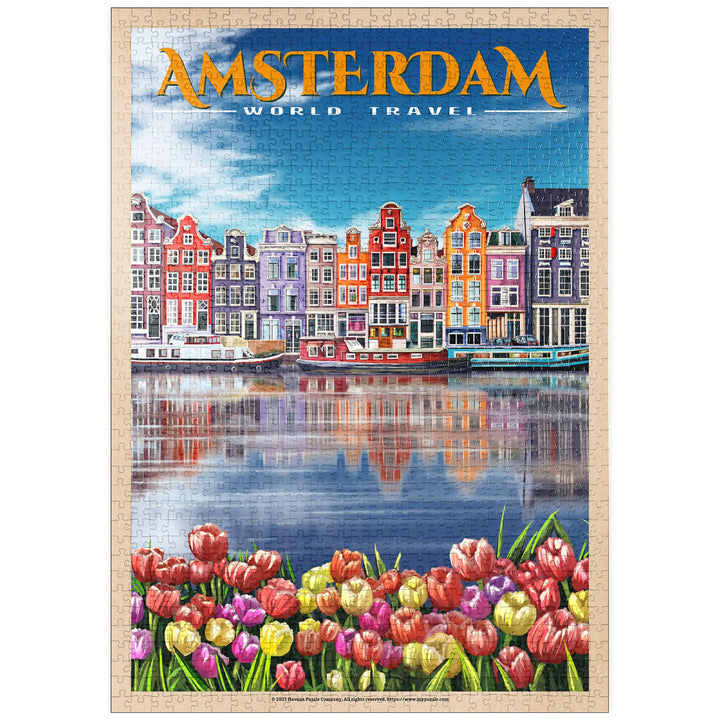 Amsterdam, Niederlande - Stadt der Grachten, Vintage Travel Poster - Premium 1000 Teile Puzzle - MyP