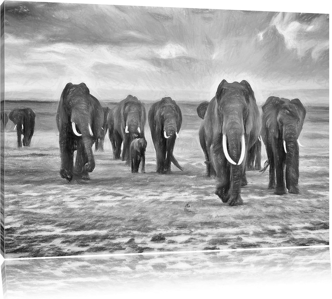 Pixxprint Elefanten Familie in der Savanne Kunst Buntstift Effekt, Format: 100x70 auf Leinwand, XXL