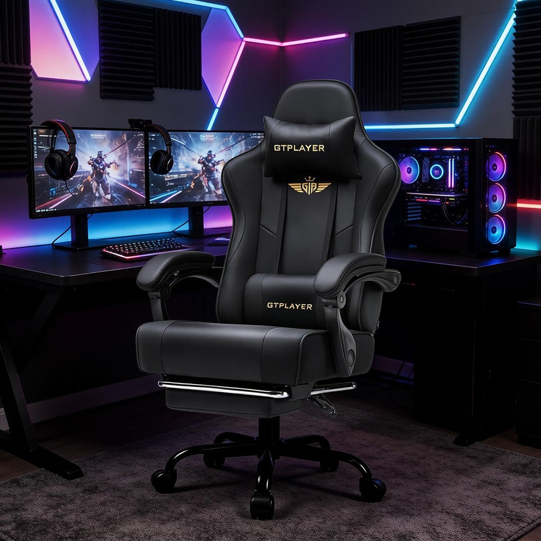 GTPLAYER Gaming Stuhl Chair Gamer Sessel - Ergonomischer Gamer Stuhl mit Fussstütze Kopfstütze und L